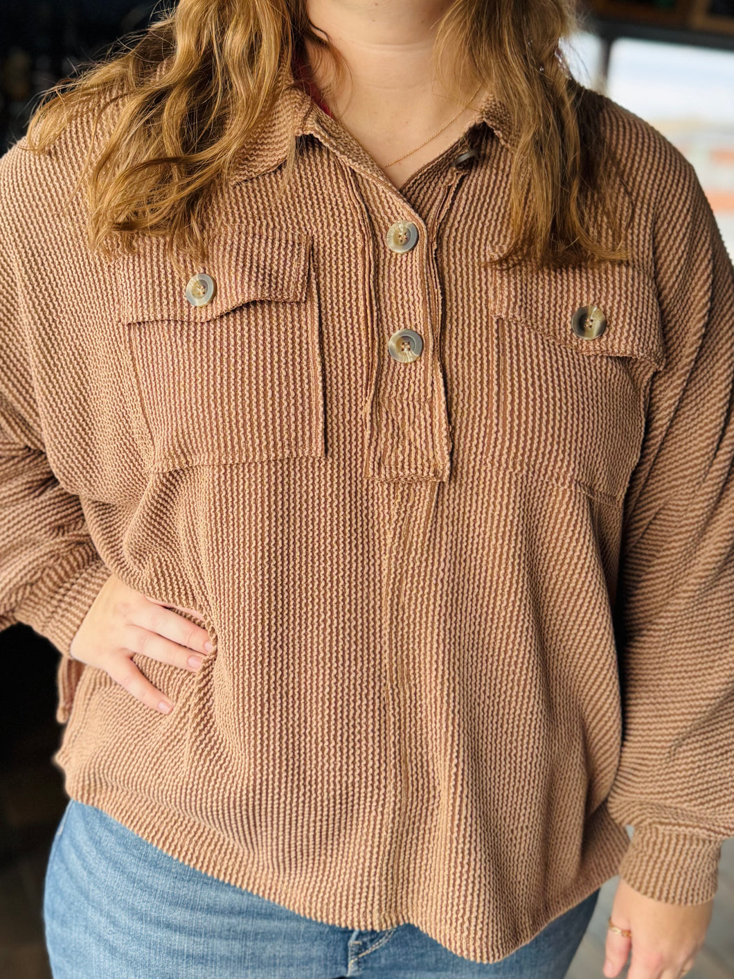 Brown Quarter Button Up Top