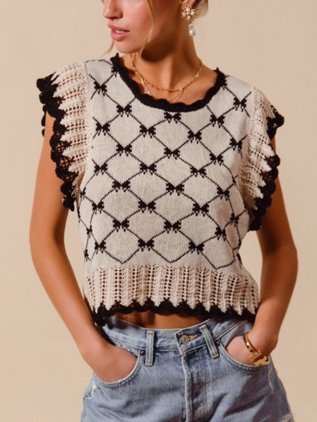 Oatmeal & Black Bow Sweater Top