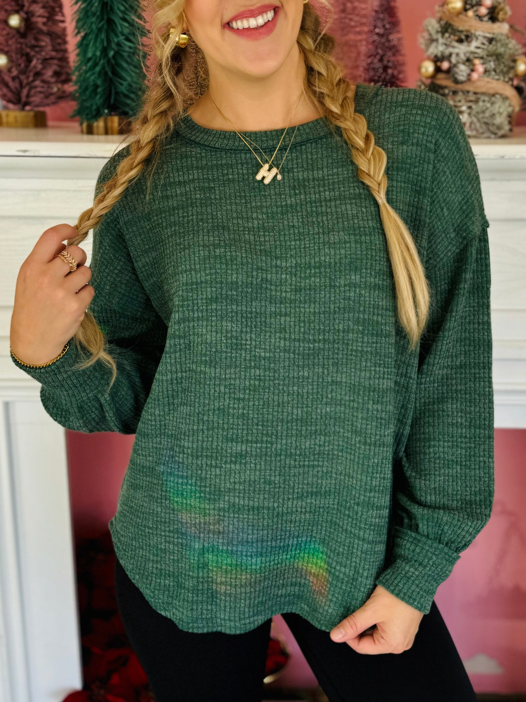 Green Waffle Knit Long Sleeve Top