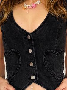 Black Denim Vest w Heart Pockets